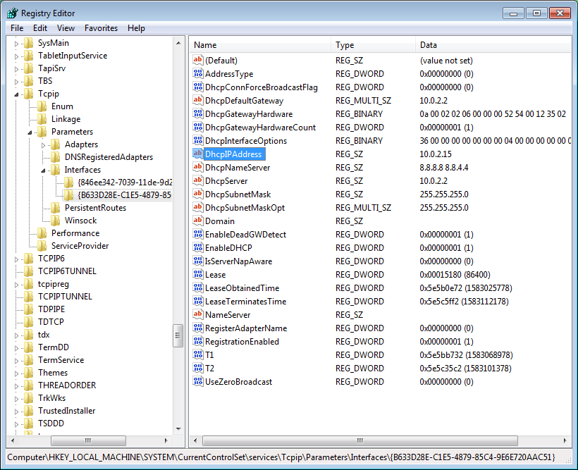 Find private IP address using Windows Registry Editor