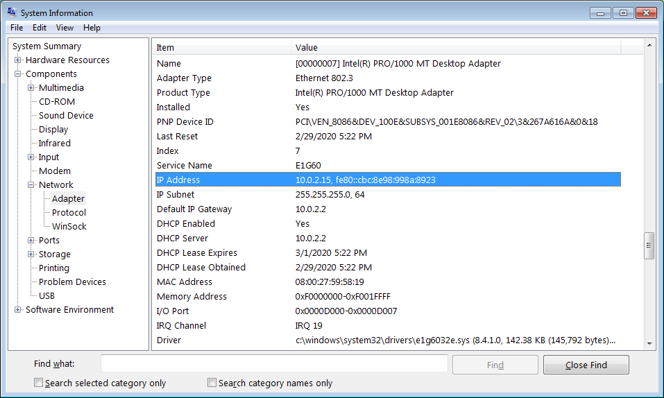 Find private IP address using Windows System Information